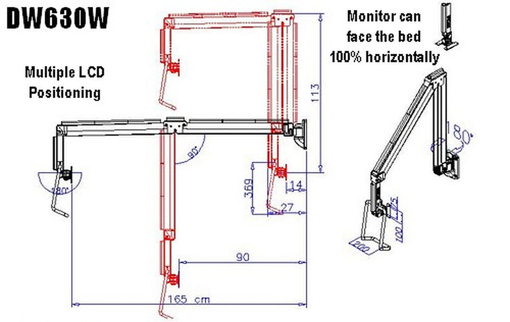 DW630W  Extra Long Reach Wall Monitor Arm  Over the Bed 63 inch long