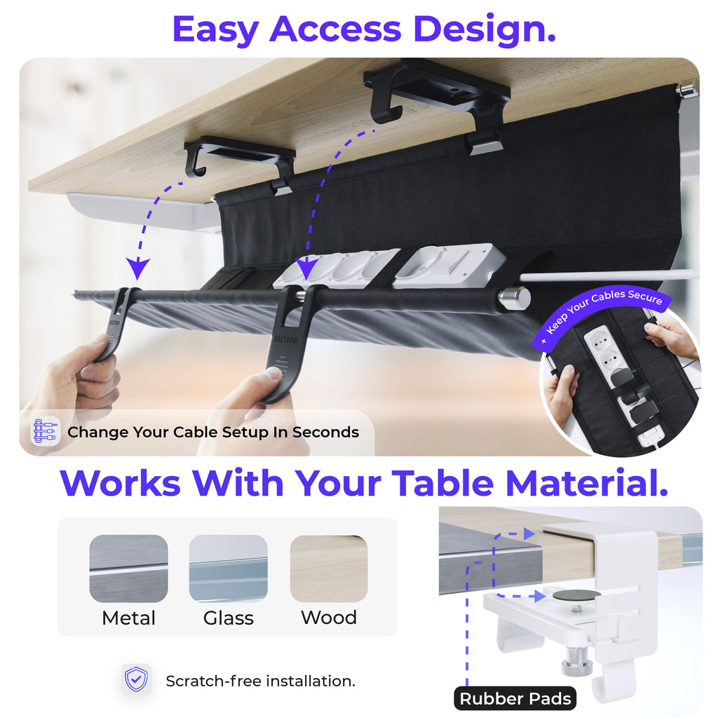 Ascrono® CableCare Under-Desk Cable Management Tray – No-Drill Clamp Mount | S, M, L, XL