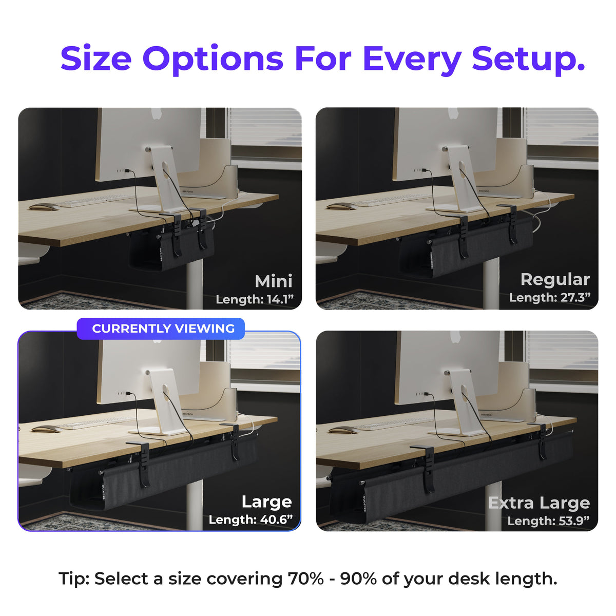 Ascrono® CableCare Under-Desk Cable Management Tray – No-Drill Clamp Mount | S, M, L, XL