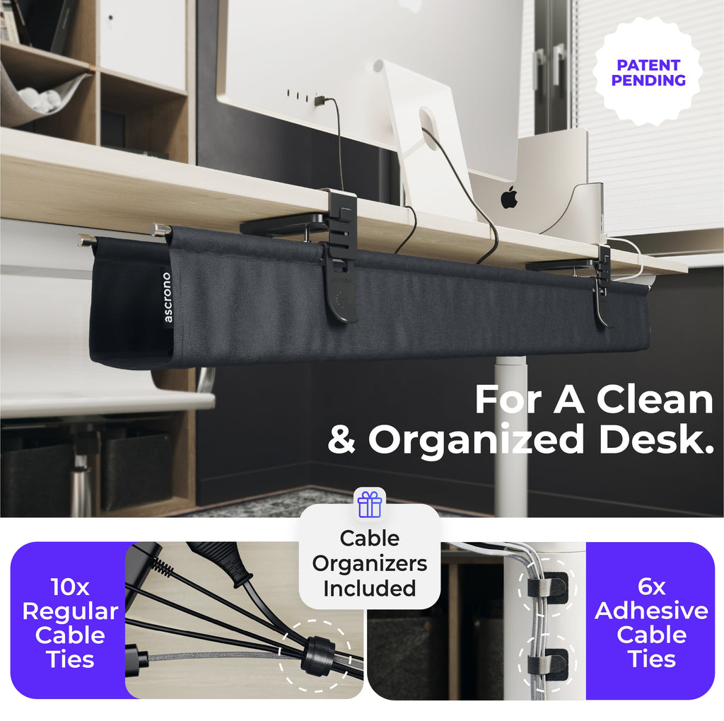 Ascrono® CableCare Under-Desk Cable Management Tray – No-Drill Clamp Mount | S, M, L, XL