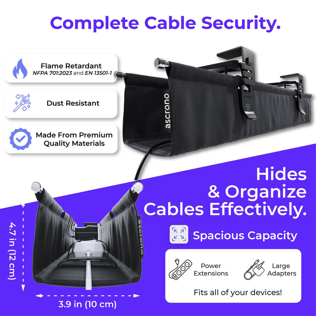 Ascrono® CableCare Under-Desk Cable Management Tray – No-Drill Clamp Mount | S, M, L, XL