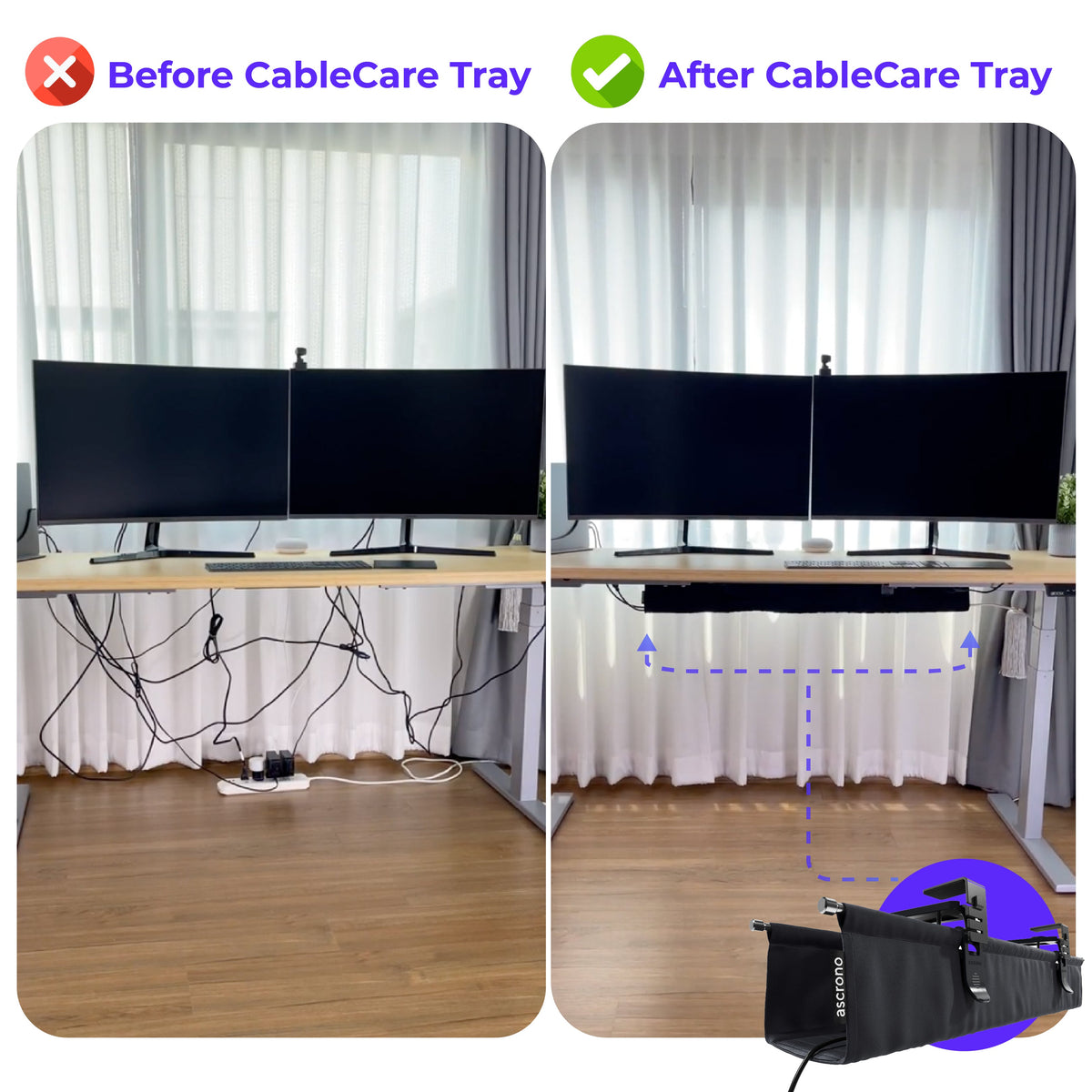 Ascrono® CableCare Under-Desk Cable Management Tray – No-Drill Clamp Mount | S, M, L, XL