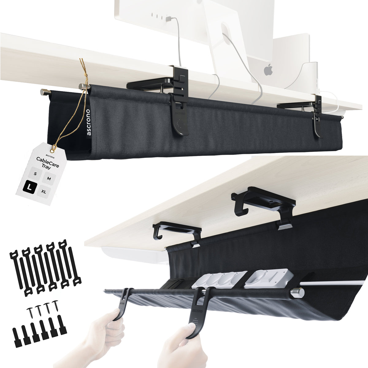 Ascrono® CableCare Under-Desk Cable Management Tray – No-Drill Clamp Mount | S, M, L, XL