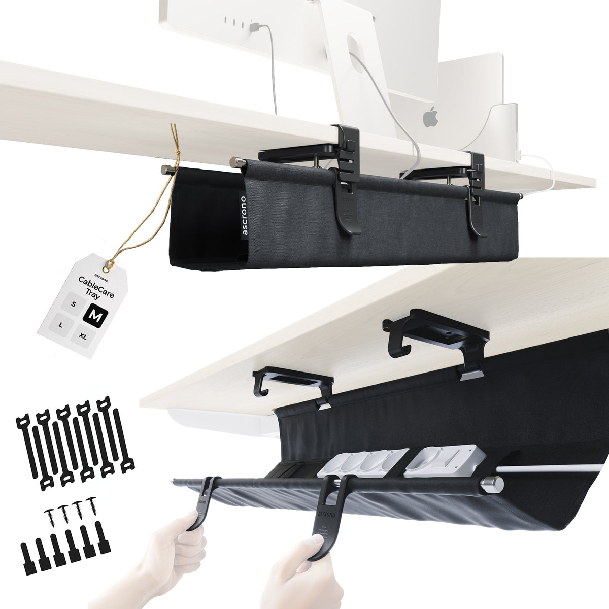 Ascrono® CableCare Under-Desk Cable Management Tray – No-Drill Clamp Mount | S, M, L, XL