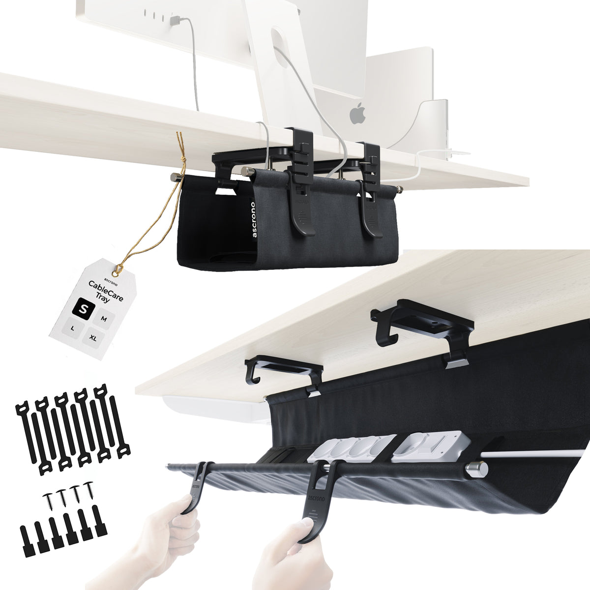 Ascrono® CableCare Under-Desk Cable Management Tray – No-Drill Clamp Mount | S, M, L, XL