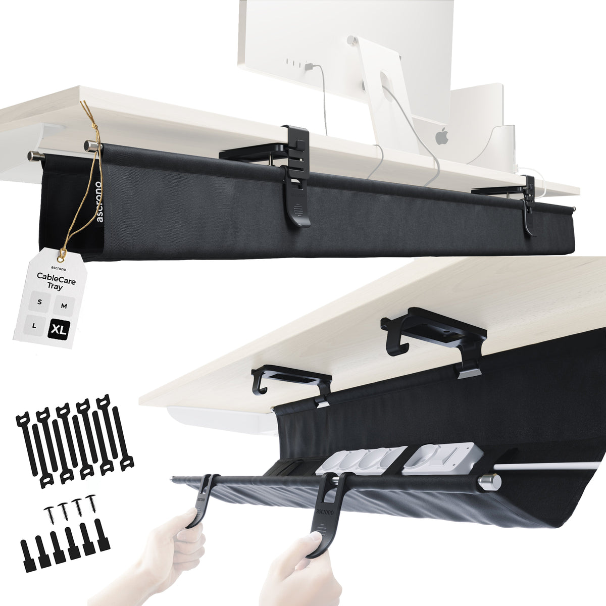 Ascrono® CableCare Under-Desk Cable Management Tray – No-Drill Clamp Mount | S, M, L, XL
