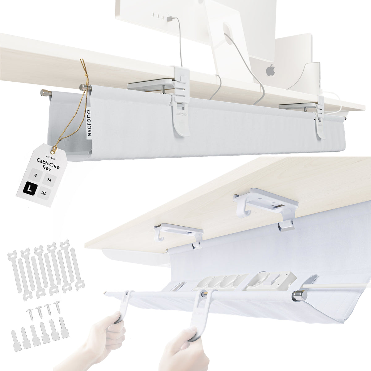 Ascrono® CableCare Under-Desk Cable Management Tray – No-Drill Clamp Mount | S, M, L, XL