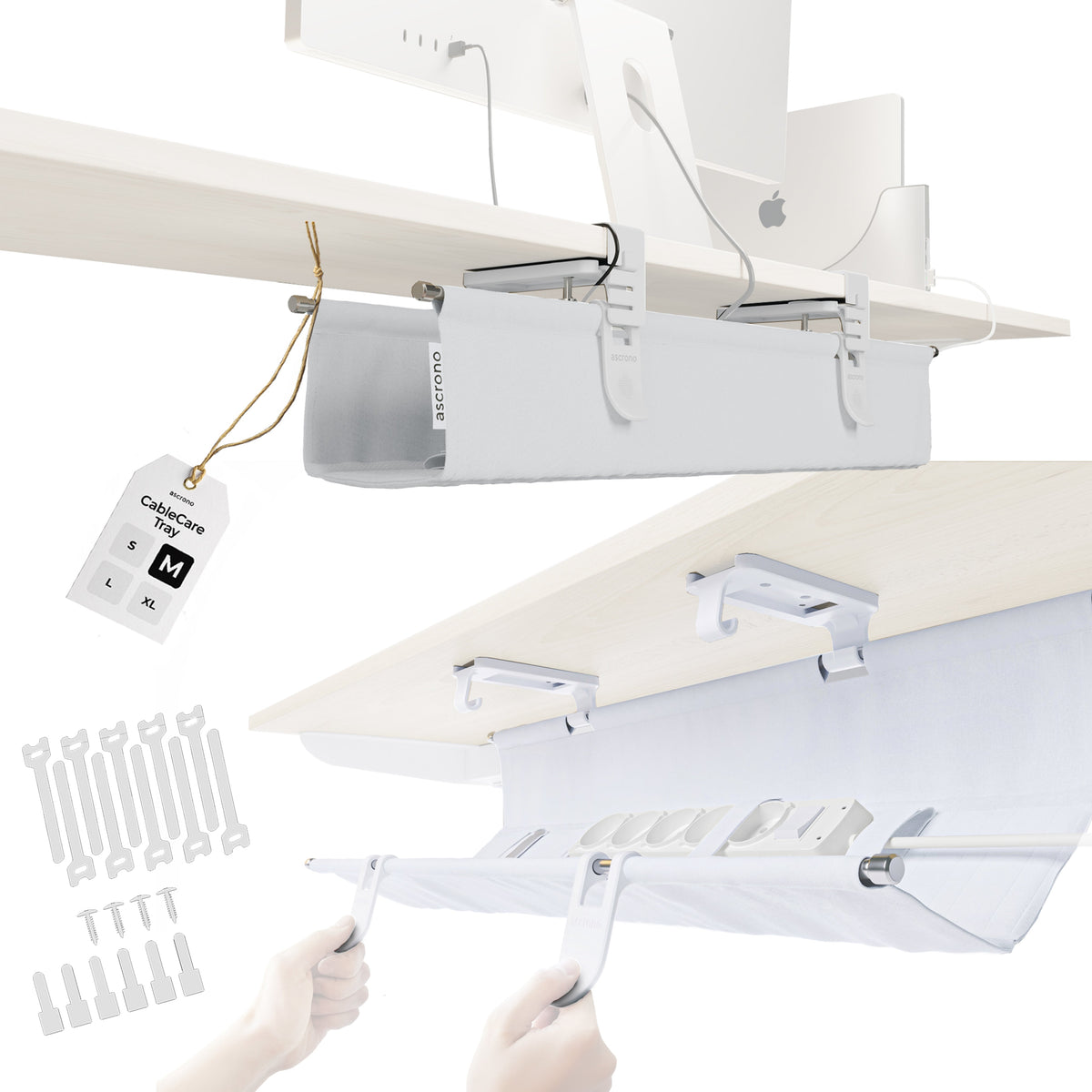 Ascrono® CableCare Under-Desk Cable Management Tray – No-Drill Clamp Mount | S, M, L, XL