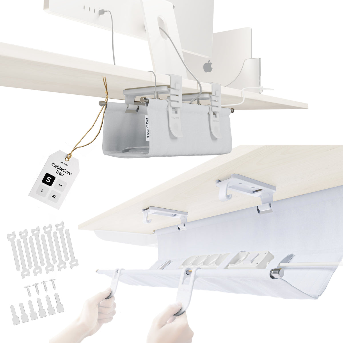 Ascrono® CableCare Under-Desk Cable Management Tray – No-Drill Clamp Mount | S, M, L, XL