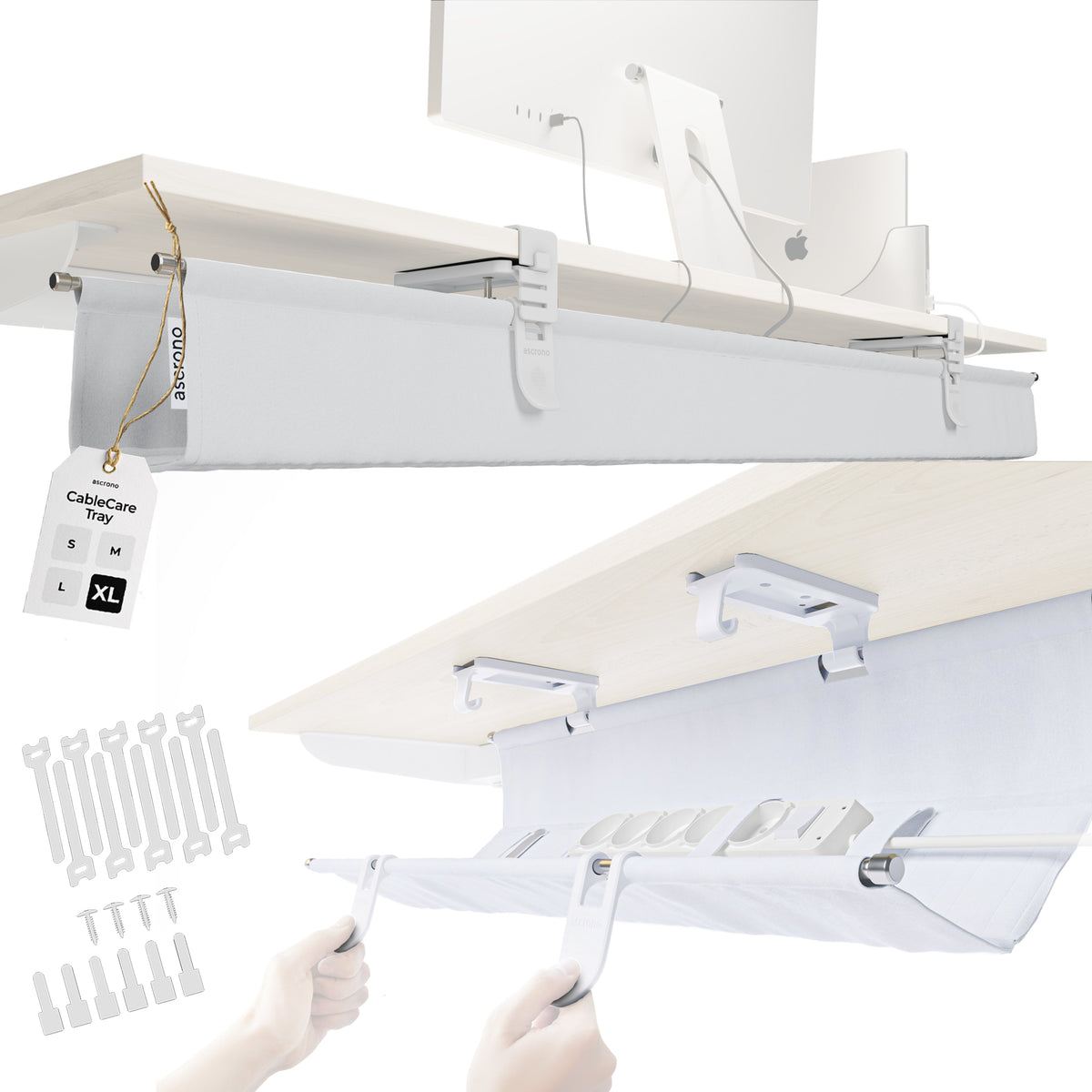 Ascrono® CableCare Under-Desk Cable Management Tray – No-Drill Clamp Mount | S, M, L, XL